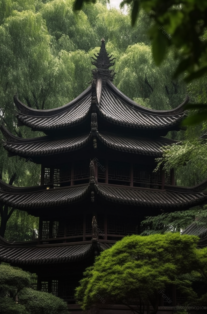 绿色树林里亭台楼阁建筑局部特写摄影,高清,摄影图,摄影图片,图片大全,摄影图免费下载